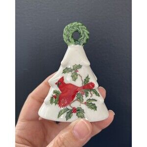 Vintage Lefton Cardinal And Holly Christmas Tree Shaped Bell With Wreath Handle
